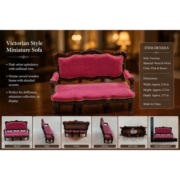 Unbranded Other - Miniature Victorian Dollhouse Sofa Pink Velvet Gold Trim Resin 1:12 Scale Couch